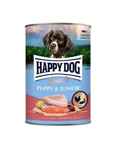 HAPPY DOG Sensible Puppy Junior Pui, somon și cartof hrană umedă pentru căței și câini tineri 400 g