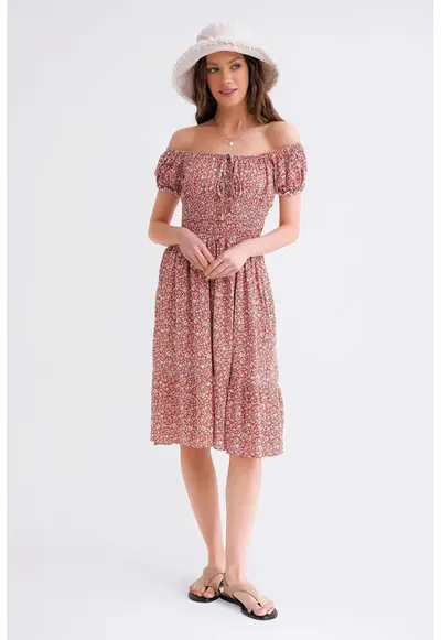 Rochie Midi - Florala - Elastica - Roz Garoafa - Textil