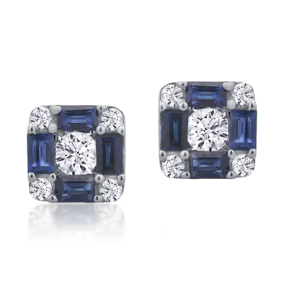 Cercei din aur alb cu safire baguette de 0.8ct si diamante rotunde de 0.38ct