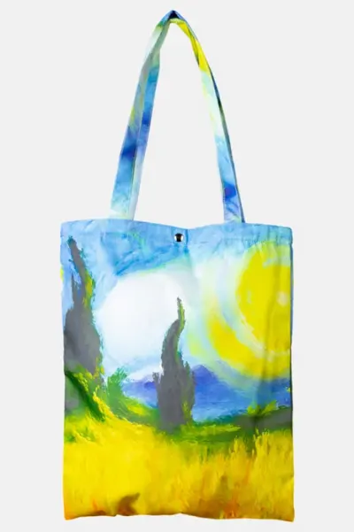 Geanta shopper din material textil, cu imprimeu inspirat dintr-o pictura a lui Vincent Van Gogh