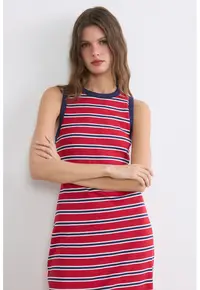 Rochie midi cu dungi - Alb/Rosu vermillion/Bleumarin