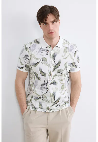 Triocu polo cu model floral - Alb/Verde/Albastru