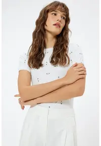 Tricou striat cu broderie florala - Alb