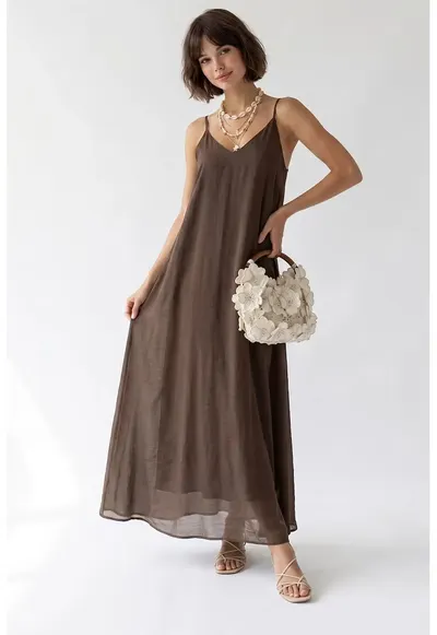 Rochie Maxi - A-line - decolteu in V - culoare maro nuc - material lyocell si poliester