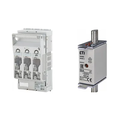 Pachet Protectie Circuit Trifazat: Soclu Siguranta Fuzibila NH00 3P (M8/M8), Siguranta Fuzibila NH000 gG 50A 500V