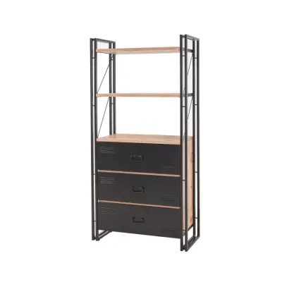 Biblioteca COSMO CORTEX, 3 sertare, pin atlantic + negru, 90x35x180 cm