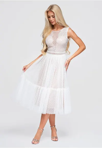 Rochie midi eleganta dama cu decolteu semi-transparent si corset LA-OM-DLR401 - Alb
