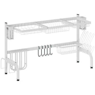 HOMCOM Scurgător din oțel cu 2 niveluri pentru chiuvetă, cu suport pentru tocător și tacâmuri, 100x30x54,5cm, alb | Aosom Romania