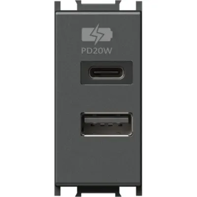 Modul Incarcator 2*USB PD 20W 1M antracit, TEM Modul TEM-EM69AT-U