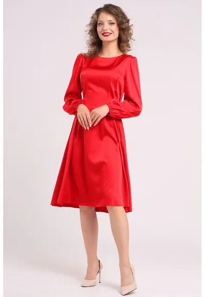 Rochie midi din matase cu croiala evazata - Rosu vermillion