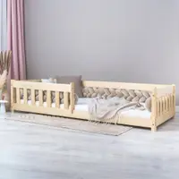 Pat pentru copii Montessori cu balustrada, Little Amy, Charlie, balustrade cu bare plate, Natur, 140 x 200 cm