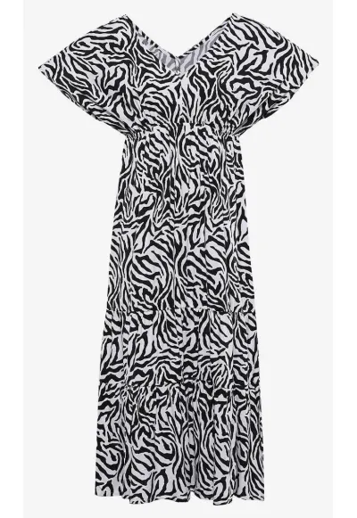 Rochie lunga cu maneci scurte si model bicolor