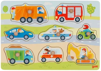 Puzzle din lemn cu maner Goki - Vehicule