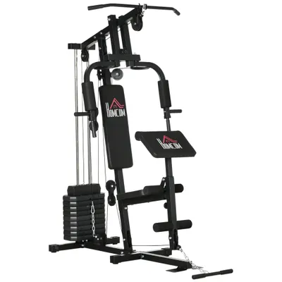 HOMCOM Sală de Gimnastică Multifuncțională cu Greutăți, Aparat Fitness Acasă cu Stivă de Greutăți de 45 kg, Echipament Sportiv Compact | Aosom Romania