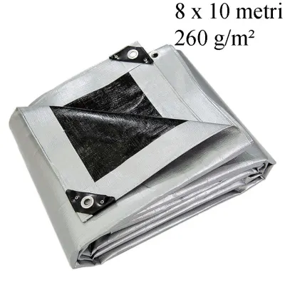 Prelata ranforsata universala 8x10 m, inele metalice 12 mm, PE 260 g/mp, protectie UV+, inghet