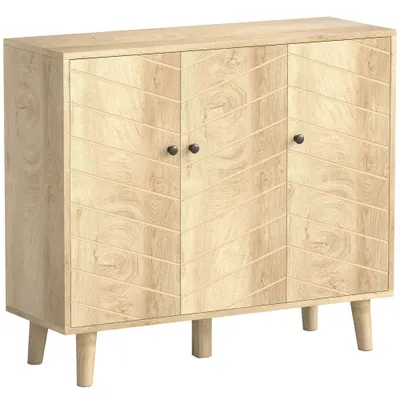 HOMCOM Bufet bucătărie, mobilier de depozitare cu 3 uși cu model Chevron și picioare din lemn de pin, 88,3x30x76cm, lemn natural | Aosom Romania