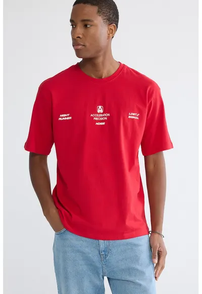 Tricou de bumbac cu imprimeu pe piept - Rosu vermillion