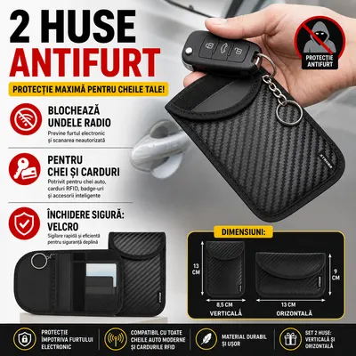Set 2 husa protectie antifurt pentru chei si carduri, Cu carabiniera, Inchidere velcro, Neagra, Blocarea undelor radio 10 - 30 kHz, 9 x 13/ 8.5 x 13 cm