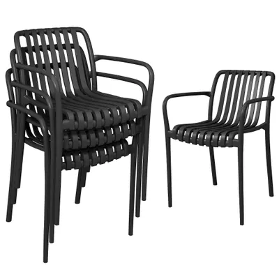 Set 4 Scaune de Grădină Outsunny Stivuibile din PP Rezistent la Razele UV, Scaune de Luat Masa pentru Exterior cu Spătar Ergonomic cu Lamele și Brațe, pentru Terasă, Balcon, Grădină, 55x58,5x81,5 cm, Negru | Aosom Romania