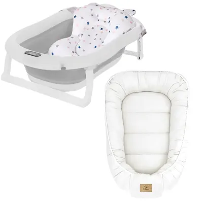Set cadita pliabila Genua Premium, cu termometru, dop si suport anatomic, Gri si cosulet bebelus, Qmini, 55 x 75 cm, Husa 100% muselina dubla, Cream