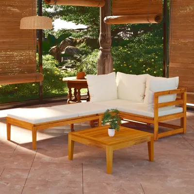 vidaXL Set mobilier grădină perne alb/crem, 3 piese, lemn masiv acacia