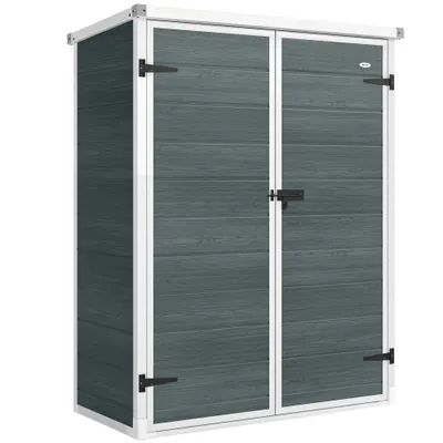 Outsunny Depozit pentru unelte 0,8m², șopron pentru unelte cu rafturi pliante, 134 x 68,5 x 170 cm, din plastic cu uși duble închise cu lacăt, placă pentru podea | Aosom Romania