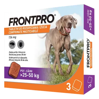 Comprimate masticabile antiparazitare caini, Frontpro XL, 136 mg, >25-50 kg, 3 buc/ cutie