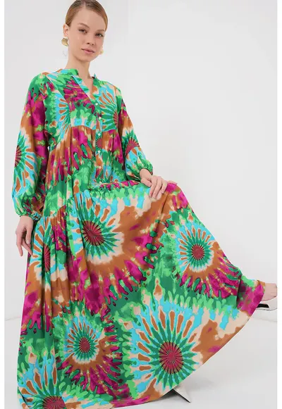 Rochie maxi dama - cu imprimeu - decolteu V - viscoza - Verde - Verde