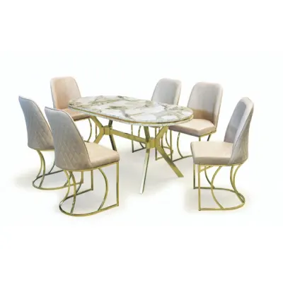 Set TIMARA, masa cu 6 scaune, ovala, 6 persoane, marmura efes + auriu + bej, 160x80 cm
