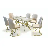 Set TIMARA, masa cu 6 scaune, ovala, 6 persoane, marmura efes + auriu + bej, 160x80 cm