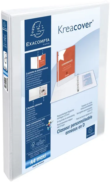 Mapa Kreacover - Exacompta, A4, cu 2 inele, 3 buzunare, 47 mm, alba