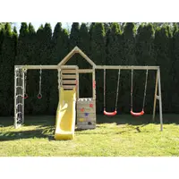 Turn de joaca cu 2 platforme, panou de catarare, tobogan, leagan dublu si modul de gimnastica Wendi Toys