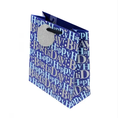 Punga hartie M Blue Bday Glitter