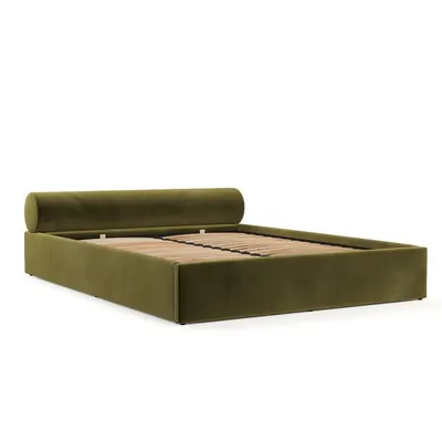 Pat matrimonial verde închis tapițat cu spațiu de depozitare cu somieră 160x200 cm Solvo – Maison de Rêve