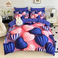 Lenjerie pat dublu, FINET, Imprimeu Digital 5D - Identic cu poza, Cu ELASTIC, 6 piese, Jojo Home, Albastru, Roz, Inimioare