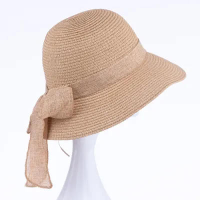 Palarie de paie impletita cu decoratiune funda, camel