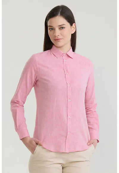 Camasa din amestec de in cu maneci lungi - Roz pastel