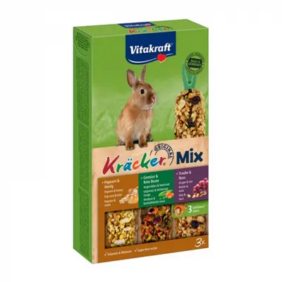Batoane pentru iepuri Vitakraft Trio Mix cu popcorn legume struguri 3 buc