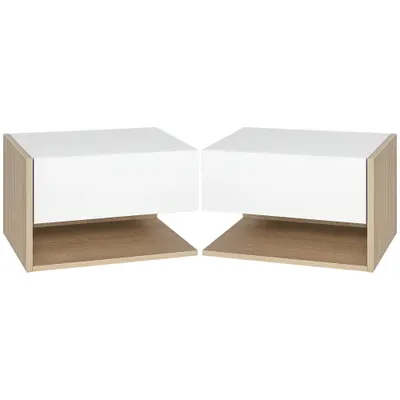 HOMCOM Set de 2 Noptiere murale - Set de 2 Noptiere - Sertar Glisant, Raft, Bicolor Aspect stejar Alb | Aosom Romania