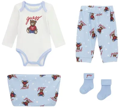 Set de 4 piese Guess - Body, pantaloni, șosete și neceser, albastru, 3-6 luni