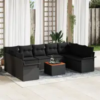 Set de canapele de gradina Gossi de 10 piese cu perne, negru, poliratan, acacia, canapea de gradina Gossi cu 2 locuri si depozitare & perne, negru, poliratan