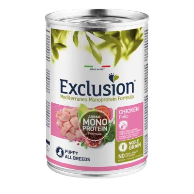 EXCLUSION Mediterraneo Monoprotein Formula Puppy, XS-XL, Pui, conservă hrană umedă monoproteică câini junior, (pate), 400g