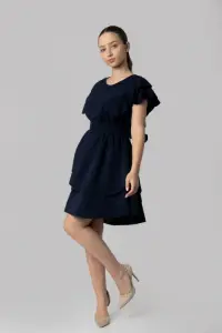 Rochie bleumarin cu volane si centura in talie
