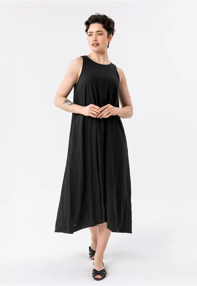 Rochie lunga supradimensionata cu decolteu rotund din amestec de in - buzunare - fara maneci - G-Makayla - negru - Negru