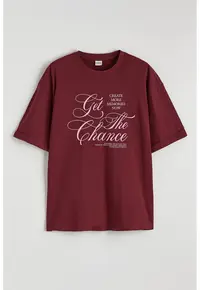 Tricou din bumbac cu imprimeu text - Visiniu/Roz pastel
