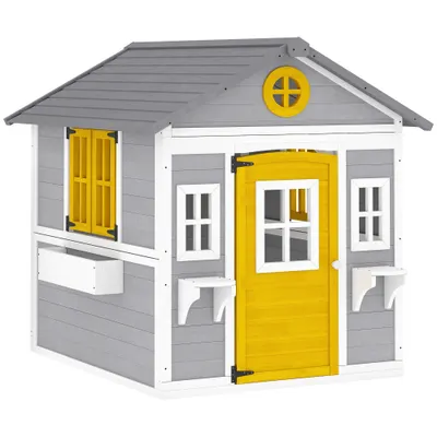 Outsunny Căsuță din Lemn pentru Copii 3-8 Ani, Căsuță de Grădină cu Ferestre, Acoperiș Înclinat, Ghivece și Jardiniere, Gri, Galben, Alb | Aosom Romania