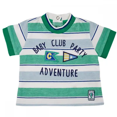 Tricou maneca scurta copii Chicco, alb cu dungi bleu si verzi, 06235