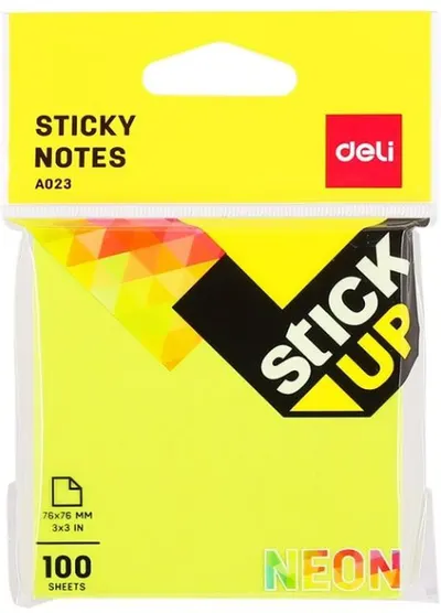 Note lipicioase Deli - 76 х 76 mm, 100 foi, neon, galben