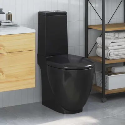 vidaXL Vas WC toaletă baie, negru, ceramică, rotund, flux inferior