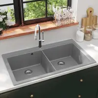 vidaXL Chiuvetă de bucătărie din granit încastrată, cu două cuve, gri